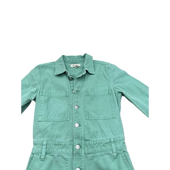 WOMEN'S SMALL MADEWELL GARMENT DYED RELAXED COVERALL JUMPSUIT IN PALE EVERGREEN - Picture 4 of 13